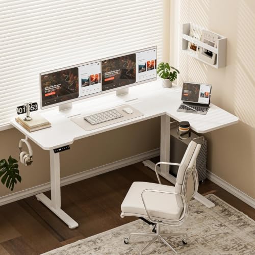 Image of Acrolix L Shaped Electric Standing Desk - 43x31.5 Inch Reversible Corner Sit Stand Desk with Hook&Cup Holder,Electric Height Adjustable Table,for Small Home Office&Bedroom Computer Desk, White