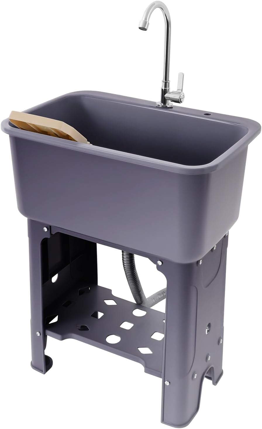 Multifunctional Laundry Sink, Freestanding Utility Sink Laundry Tub with Washboard and 360° Rotatable High Faucet, Complete Set Wash Station Slop Sink with Storage Shelf for Laundry Room (Gray)