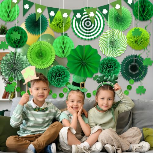 Image of 24 Pcs Green Birthday Decorations Kit, Paper Fans Pom Poms Banner 8-16 in