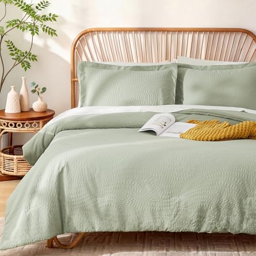 Image of Geniospin Full Size Comforter Set - 7 Pieces Textured Sage Green Bedding Sets, Boho Shabby Chic Comforter Set, All Season Comfortable Bed in a Bag with Comforter, Sheets, Pillowcases & Shams