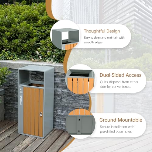 Image of Outdoor Trash Can with Lid, 51L /13.5 Gal-Lockable Commercial Trash Can with Nature Stone Panels, Heavy-Duty Rustproof Metal Garbage Can with Removable Liner for Parks & Public Spaces (White, ash)