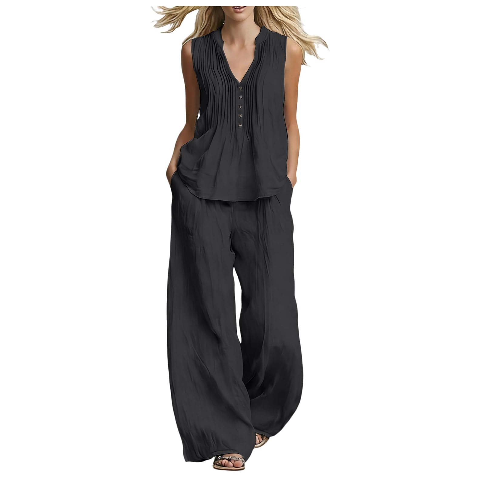 Conjunto Mujer Dos Piezas Lino Y Algodón Casual Verano Camiseta y Pantalones con Bolsillo Suelto Ligero Transpirable Cómodo Conjunto para Fiestas en la Playa Uso Diario