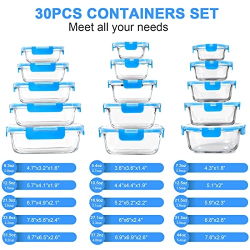 30 Pieces Glass Food Storage Containers Set, Glass Meal Prep Containers Set With Snap Locking Lids, Airtight Glass Lunch Containers, Bpa-Free, Microwave, Oven, Freezer & Dishwasher Friendly,Blue #TOP1