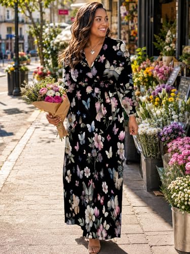 Image of PinkPatty Women's Long Sleeve Maxi Dress Plus Size Trendy Wedding Guest Wrap Dress with Pockets&Belt