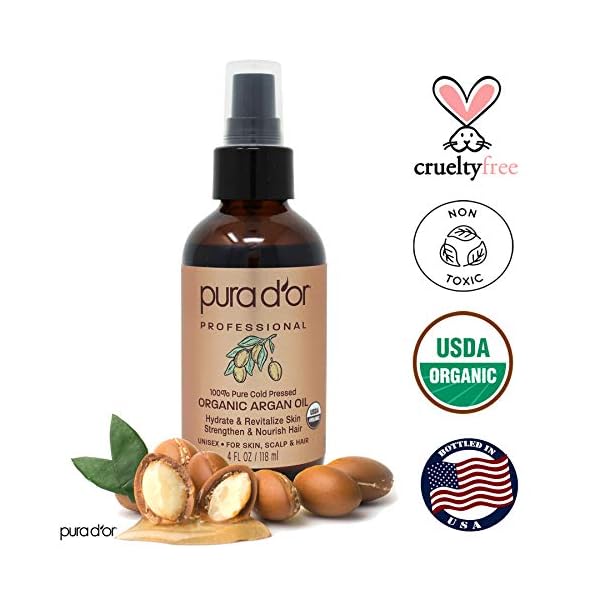 PURA D'OR Organic Moroccan Argan Oil (4oz / 118mL) USDA Certified 100% Pure Cold Pressed Virgin Premium Grade Moisturizer Treatment for Dry, Damaged Skin, Hair, Face, Body, Scalp (Packaging may vary)