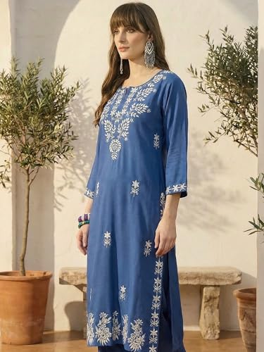 Image of INDO ERA Women's Viscose Rayon Floral Embroidered Straight Calf Length Kurta & Pant Set (IEAI11741)