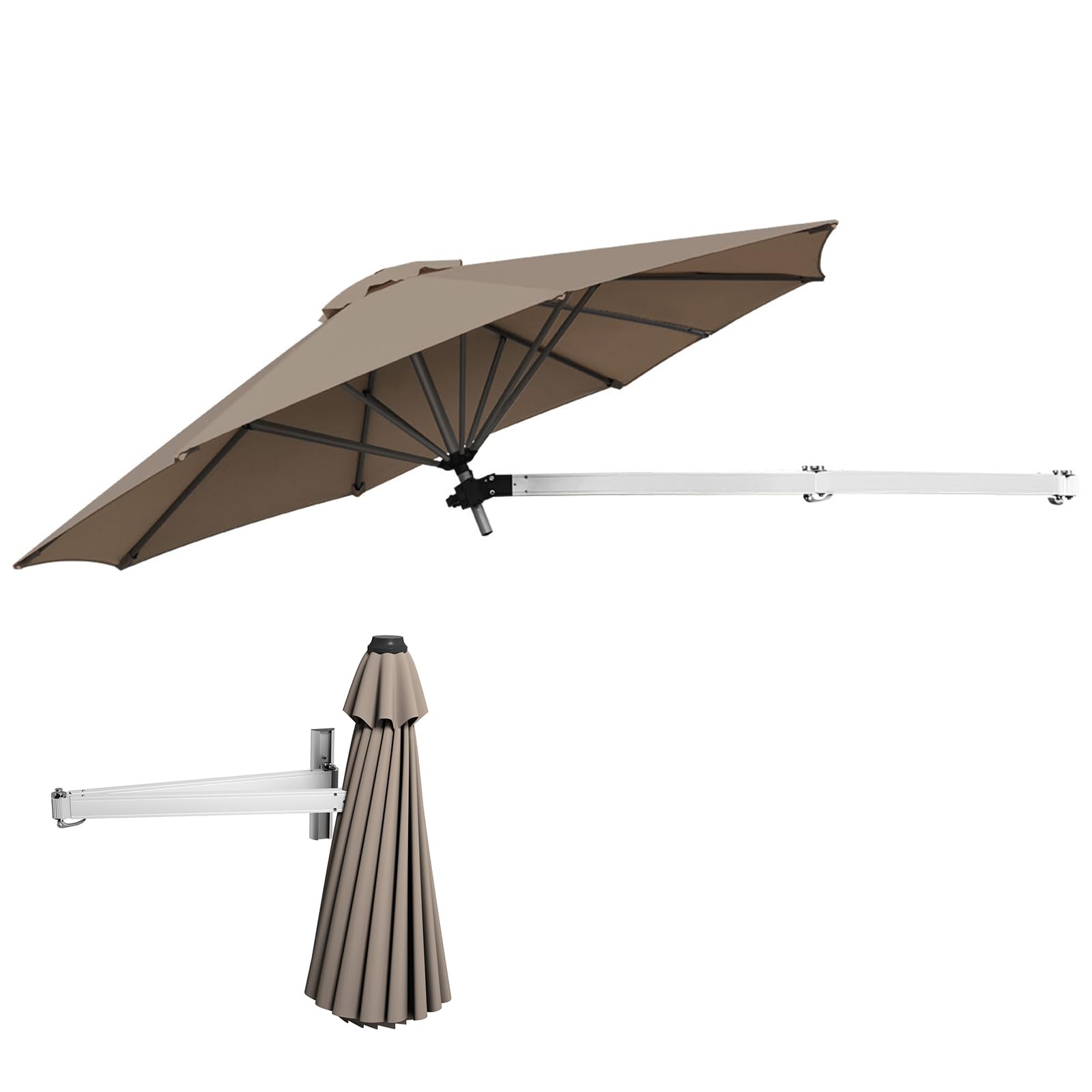 KOMFOTTEU Sombrilla de Pared Ajustable Ø250 cm, Parasol Plegable con Protección Solar para Exterior, Sombrilla de Terreza Inclinable Colgante, Paraguas para Jardín, Balcón, Patio