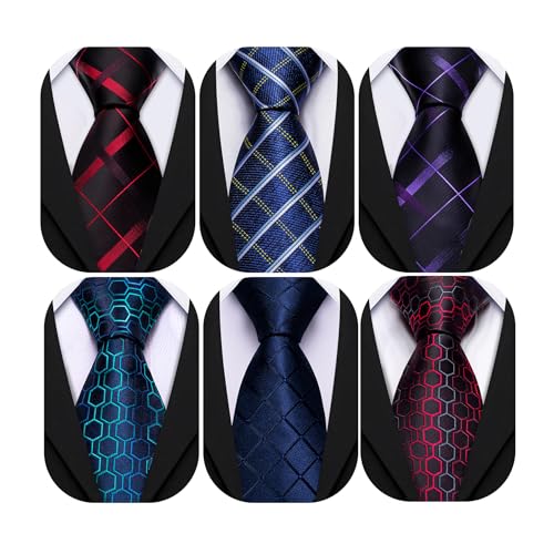 Image of Barry.Wang Mens 6 PCS Ties Silk Striped Paisley Check Floral Necktie Silky Woven Wedding Business Party Ties 3.34 inch