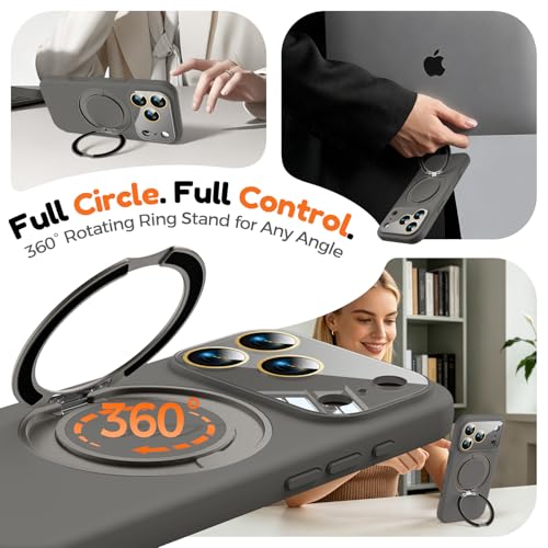 Image of Silicone 360 Spin Magnetic Stand Case for iPhone 17 Pro, [Compatible with Mag-Safe][Reinforced Hard Camera Protection] Liquid Silicone Rubber Phone Case Cover with Ring, Camera Button, Slate Gray
