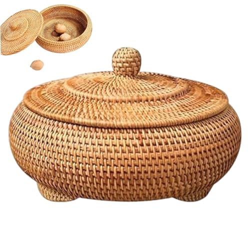Boîte en rotin avec couvercle, 8,7 pouces de panier en osier rond tissé à la main, boîte décorative de bureau polyvalente, panier de rangement de table à...