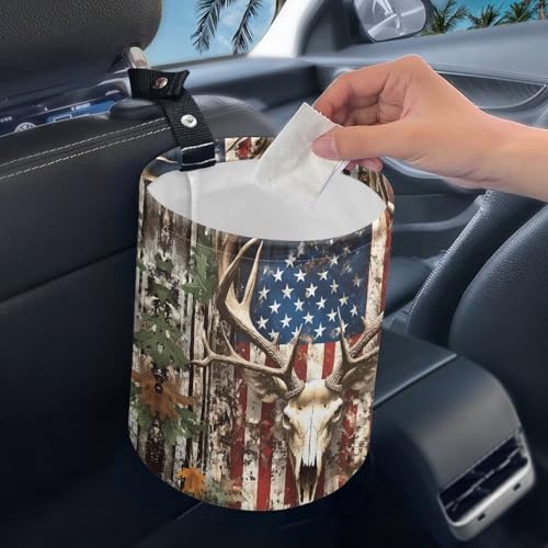 Image of Pensura American Flag Deer Car Garbage Bin Quality Fabric Mini Car Trash Bin Interior Bottom Waterproof Camping Trash Can for Automotive Cars SUVs and Trucks Backseat Headrest