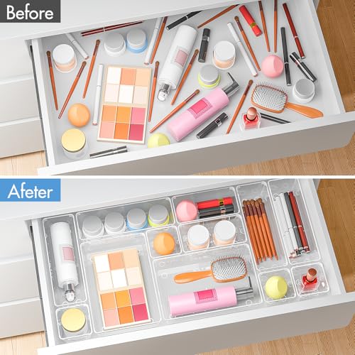 Quirlig 16 Piezas Organizadores de Cajones de Plástico Transparente, Separadores de Cajones de Escritorio de 4 Tamaños, Bandejas de Almacenaje para Maquillaje, Baño, Oficina - imagen 2