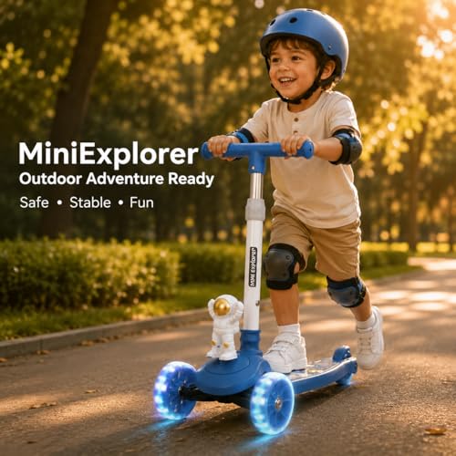 Image of MiniExplorer Zoomie Kids Kick Scooter with LED Wheels, 3 Wheel Scooter for Boys & Girls, Adjustable Height Handle, Foldable Lightweight Scooter for Kids Age 3+ Years - Astro
