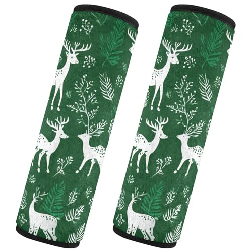 Image of White Christmas Deers Plants Seat Belt Cover Pad 2 Pcs Soft Cute Seatbelt Covers Protector Support Head Neck Shoulder Strap for Car Seats High Chair Backpack for Adults Kids Women Men 10x7.7In