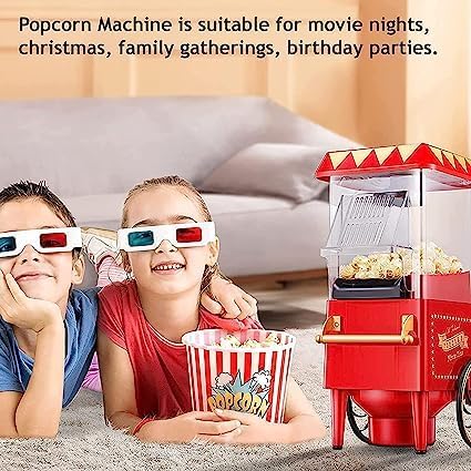 Image of Old-Fashioned Vintage Popcorn Maker Machine, 1200-Watt Hot Air Popcorn Popper for Healthy Oil-Free Snacks