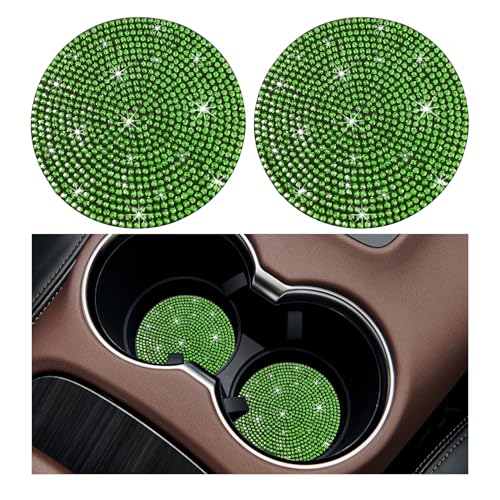 Image of Ziciner 2PCS Bling Car Cup Holder Coaster, 2.73 Inch Anti-Slip Cup Insert Coasters, Crystal Rhinestone Auto Drink Cup Mat, Universal Interior Decor Car Accessories for Women Girls (Light Green)