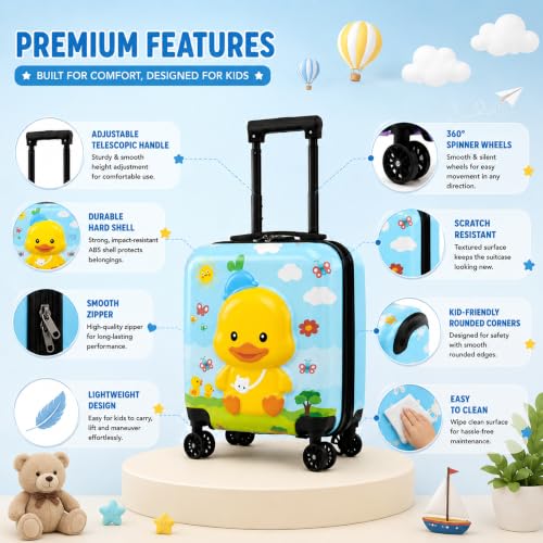 Image of Storite 18In Kids Luggage Trolley Hard Shell Cabin Suitcase | Cute Cartoon Duck Design Suitcase Ideal For School Trips Vacations Holidays And Weekend Travel (Blue - 35 x 23 x 38 Cm)