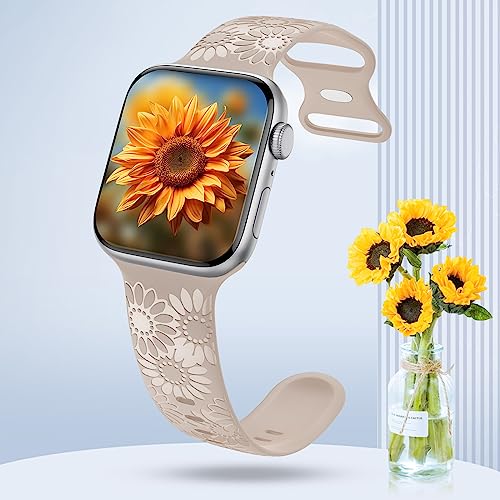 Image of Sunflower Engraved Band Compatible with Apple Watch Bands 38mm 40mm 41mm 42mm 44mm 45mm 49mm Women, Designer Soft Glossy Floral Silicone Strap for iWatch Series Ultra 11 10 9 8 7 6 SE 5 4 3 2 1