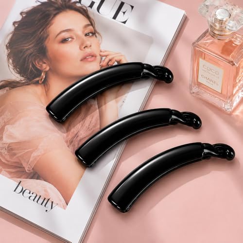 Image of Glaze Glossy Finish Curved Claw Hair Clips for Women & Girls | Strong Grip Non-Slip Hair Jaw Clips for Thick, Thin & Curly Hair | Everyday Styling Accessories | Black, Pack of 3 (large)