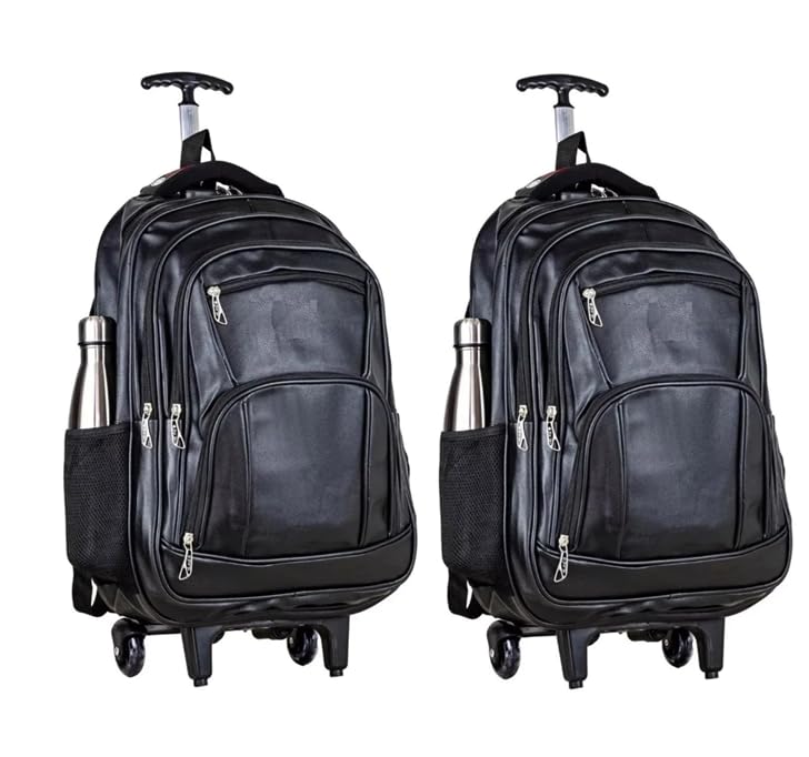 Kit 2 Mochila Bolsa de Couro PU com Rodinha para Notebook, Preta