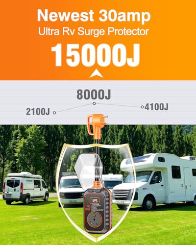 Image of GEARGO ππππ πππ 30 Amp RV Surge Protector, 15000J RV Circuit Analyzer with Intelligent LED Display, IP68 RV Adapter Plug with Waterproof Cover for Camper Travel Trailers