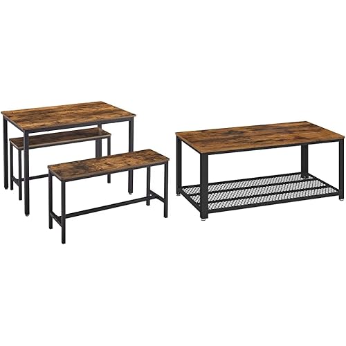 VASAGLE Dining Table Set, Bar Table, Kitchen Table Counter, Industrial, Black UKDT070B01 & Coffee Table for Living Room, 2-Tier Cocktail Table, Center Table Black ULCT61X