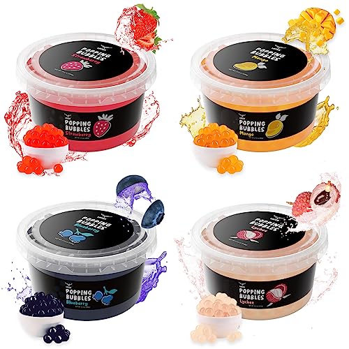 Popping Boba Pearls Kit with Mango Lychee Blueberry Strawberry Boba Flavors (4 x 17oz) | Boba Tea Sago Pearls Kit | Boba Popping Pearls for Bubble Tea Jelly 4 Flavors