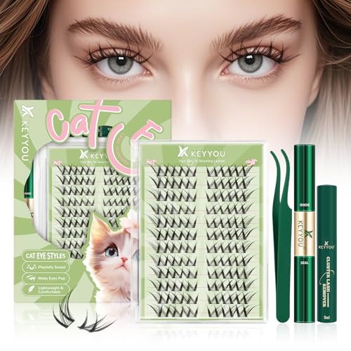 KEYYOU Lash Clusters Kit Anime Cat Lash Clusters 72pcs Wispy Natural Cat style Lash Extension Kit with Bond and Seal,Applicators,Remover for Manga DIY Eyelash Extension Kit at Home(MC01)