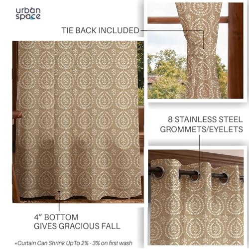 Image of Urban Space 100% Cotton Floral Curtains 8 Feet Long Set of 2, 60-65% Room Darkening, Decorative Curtains with Eyelets /Rings for Hanging, Tieback Included (Canopy Beige, Long Door - 8 Feet)