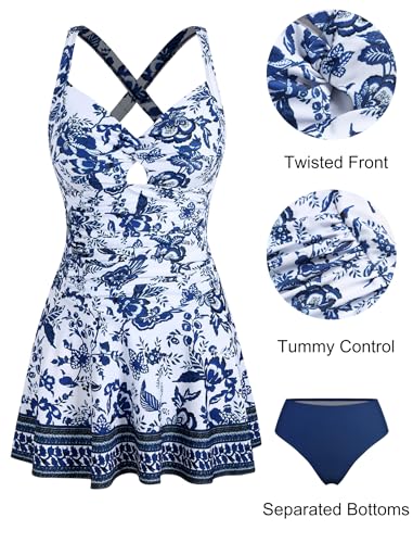 ZAFUL Women's Tankini Bathing Suits Swimsuit Tummy Control Two Piece Swim Dress Cut Out Twist with Bikini Bottoms2