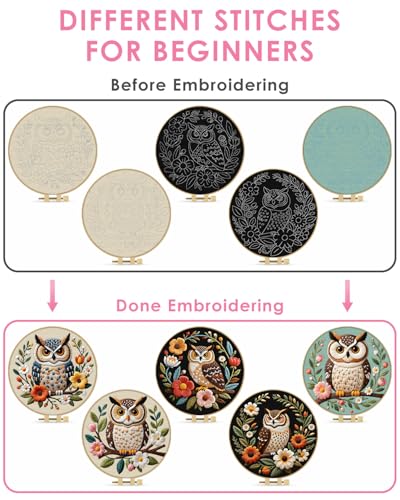 Image of TINDTOP 5 Pack Embroidery Kit for Adult, Embroidery DIY Starter Kit, with Stamped Patterns, Hoop, Tools, Colorful Threads with Needles, Instructions | with Stamped Patterns, Hoop, Tools, Colorful Threads with Needles, Instructions