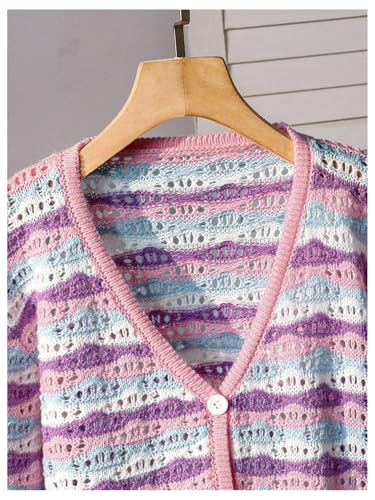 SweatyRocks Girl's Button Down Striped Crochet Crop Cardigan Hollow Out Long Sleeve Knit Cover Up3
