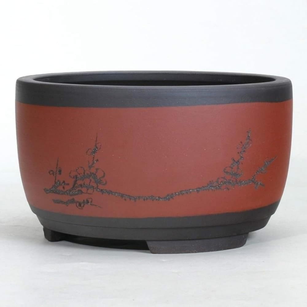 Doniczka Bonsai Ceramiczna okrągła doniczka Bonsai Zielona doniczka na rośliny Bęben w kształcie chińskiej misy wentylacyjnej Okrągła doniczka Dekoracyjny pojemnik na roś(Red-Medium)