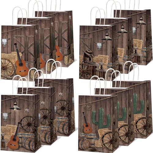 12 PCS Cowboy Party Favor Bags Western Paper Gift Goodie Candy Treat Bags Bulk with Handle Wild West Rodeo Birthday Party Decorations for Cowgirl Kids Boys Baby Shower Bachelorette Supplies Favors