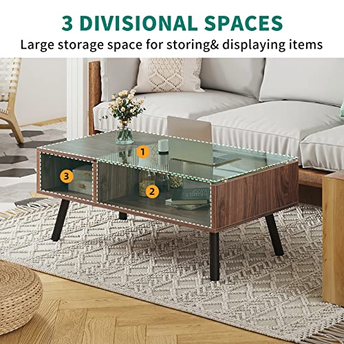 Yitahome Glass Coffee Table With Storage Shelf 2-Tier Wood Modern Center Table Accent Metal Legs Cocktail Dining Table For Home Office Living Room, Walnut #TOP6