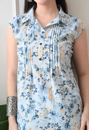 Image of Rimika's Pure Cotton Sky Blue Floral Regular Fit Sleeveless Top with Collar, Perfect for Casual, Comfort, Daily, Formal and Ethnic Wear