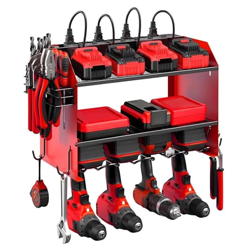 Power Tool Organizer Wall Mount with Charging Station Heavy Duty 3 Layers Tool Storage Rack with 4 Cordless Drill Holder Battery Holder with 8 Power Strip Ideal for Garage Warehouse Workshop
