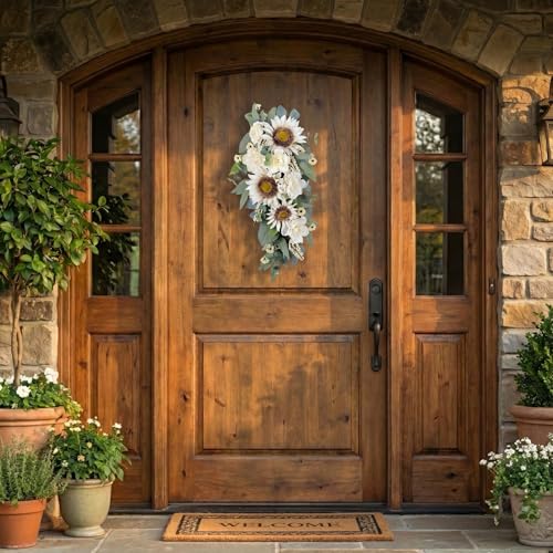 Summer Swag - 28” Sunflower, Peony, Rose Teardrop Swag for Front Door, Porch Wall, Window - Artificial White Flowers Teardrop Wreath for Home Spring, Summer, Fall, All Seasons, Everyday Decor (1) - Image 3