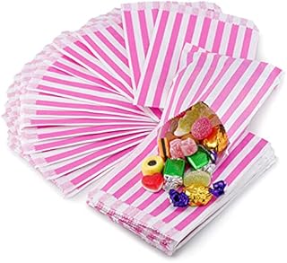 Pink Paper Sweet Bags 5 x 7 | REALUS 100pk Small Empty Sweets Bag | MADE IN BRITAIN | Retro Candy Stripe Sweetie Bags  Perfect for Kids Party, Pic n Mix Shop, Wedding Favours, Popcorn