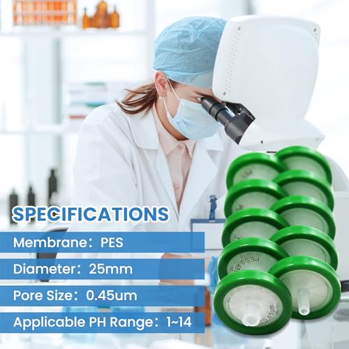 Image of PES Membrane Syringe Filter 25mm Diameter 0.45um Pore Size Syringe Lab Filter for Laboratory School Science, Pack of 10 (Model AMPE04525)