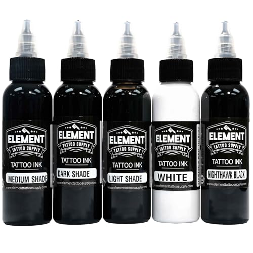 Element Tattoo Supply Greywash Tattoo Ink Set - Professional Tattooing Light Medium & Dark Shades Includes Black & White Solid Inks for Outlining Shading & Blending 2oz Bottle (5 Pack)