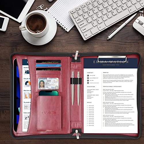 Darolin Zippered Leather Padfolio Portfolio with Hidden Handle and Clipboard, Business Conference Organizer Notepad Folder, Portfolio Bag, Padfolio for Women/Men (Redwine) - Thumbnail 7