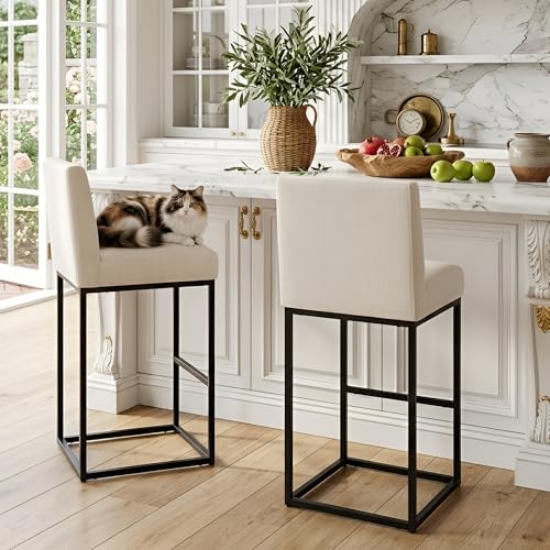 Image of HNY Modern Counter Height Bar Stools Set of 2, Linen Upholstered Kitchen Island Stools with Backrest, 31 Inch Bar Stools with Black Metal Frame, Cream
