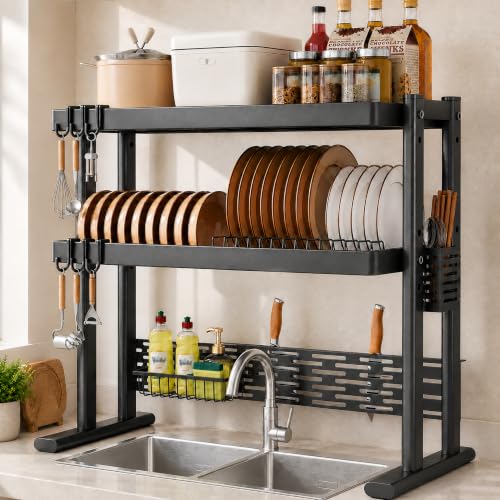 Image of COMFYHOME Over the Sink Dish Drying Rack, 2 Layer, Kitchen Sink Over Sink Rack, for Plates, Bowls & Utensils, Rust-Resistant and Sturdy(90cm*33cm*77cm)