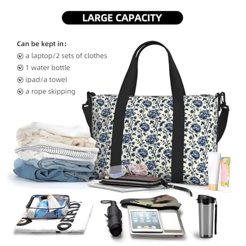 Travel Duffle Bags For Women Men - Retro Blue Flowers Print Personal Item Weekender Overnight Gym Carry On Airport Tote Bag With Strap For Yoga, Travel, Business Trips4