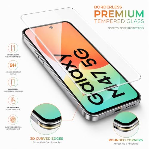 Image of ArmourPro 3D Borderless Tempered Glass for Samsung Galaxy M47, Set of 2 HD Clear Screen Protectors with 3D Curved Edges, 9H Hardness, Oleophobic Coating, Case Friendly