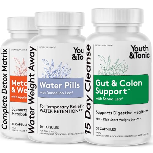 Youth & Tonic 3pk Detox Cleanse Kick-Off - Colon Cleanser & Water Loss Support - 15 Day Weight Management for Bloating & Water Retention Relief, Body, Gut & Colon Cleanse - 90 Capsules for Women & Men