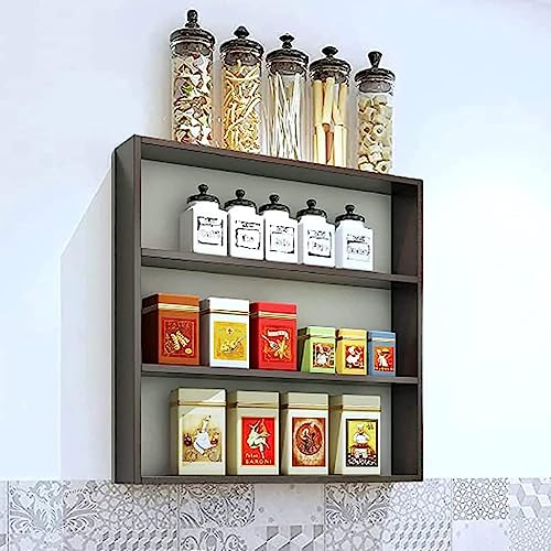 Image of Kuber Industries Kitchen Wall Shelf|Wooden Handicraft Wall Mounted 3 Shelves for Kitchen|Multipurpose Storage Wall Shelf,30 inchX30 inch (Brown)