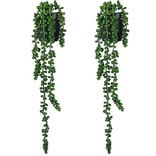 Image of Tdas Plastic & Tpe Artificial Succulent Plants Hanging Flowers Home Decor Items Plant Leaves For Living Room Hall Decorative Decoration Office In Pot (Green, 2-Pcs Hanging Succulent With Pot)