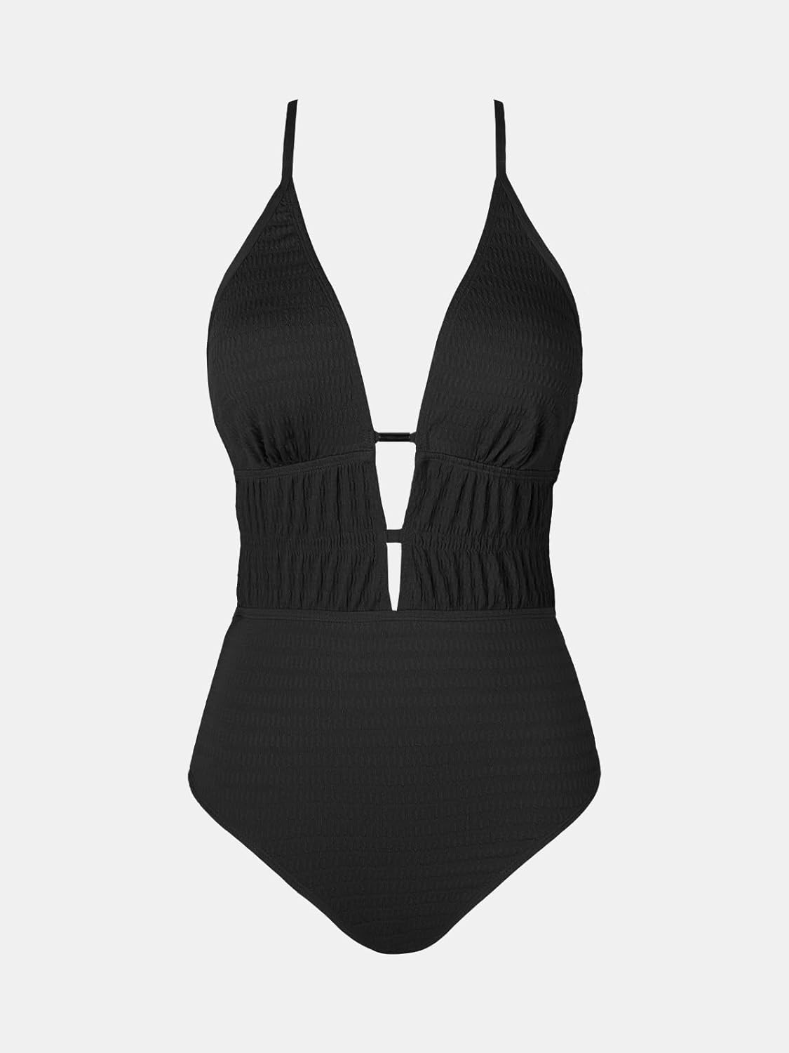 CUPSHE Women's One Piece Swimsuit Plunging Neck Cutouts Bathing Suit Textured Ruched Crisscross Back Self Tie Swimwear - Image 7